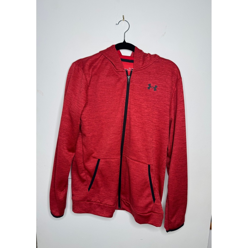 Under Armour Boys YXL Red Heathered Fleece Full Zip Hoodie Jacket Loose Fit